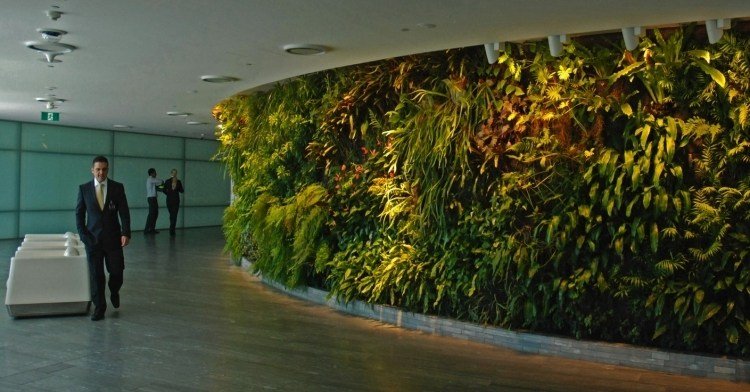 vertikal-trädgård-korridor-byggnad-belysning-modern-arkitektur-natursten optik