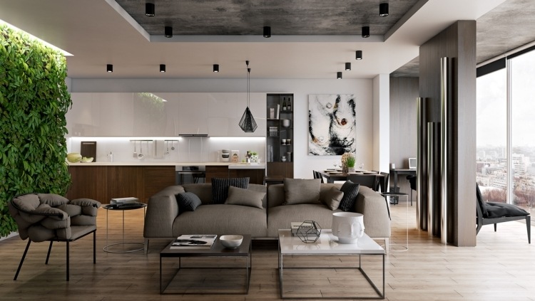 vertikal-trädgård-trä-golv-soffor-soffbord-grå-vit-modern-öppen planering