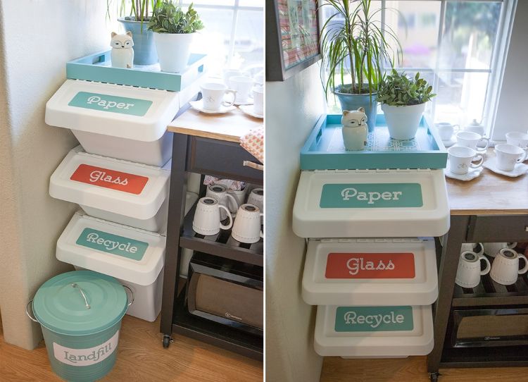 infälld soptunna kreativa husdesigntips avfallsbehållare döljer inredning snygga etiketter i plastkärl