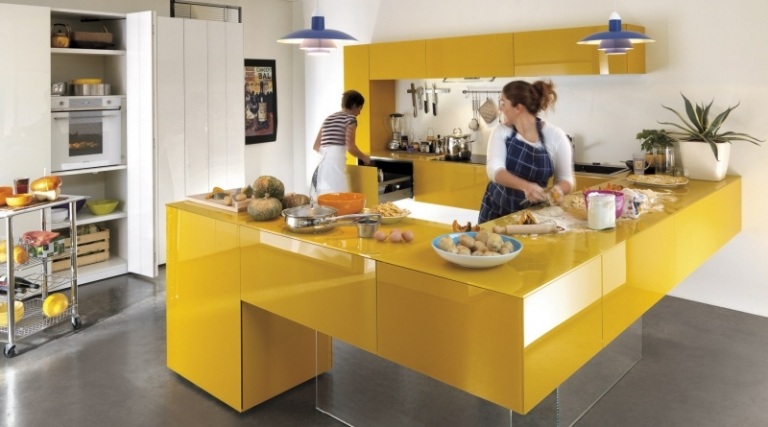 Inbyggt kök-kök ö-gul-färg-idéer-modernt