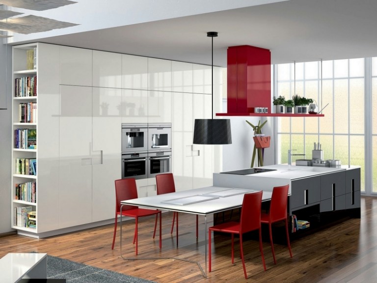 Utrustad kök-matlagning ö-högglans-modern-fronter-vit-röd-svart