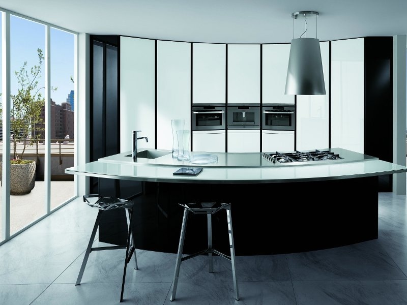 Inbyggt kök-kök ö-modernt-halvcirkelformat-svart-vitt