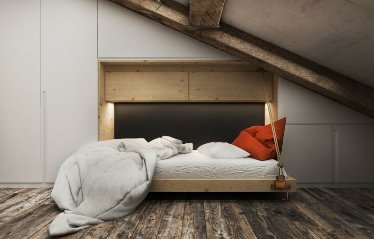 inbyggt skåp sluttande hopfällbar säng moderna rustika golv träbjälkar