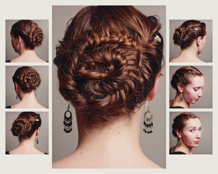 updo med bulle spiral idé lugg fläta örhängen