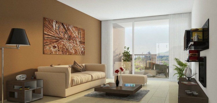brun väggdesign vardagsrum väggmålning deco soffbord sidobord