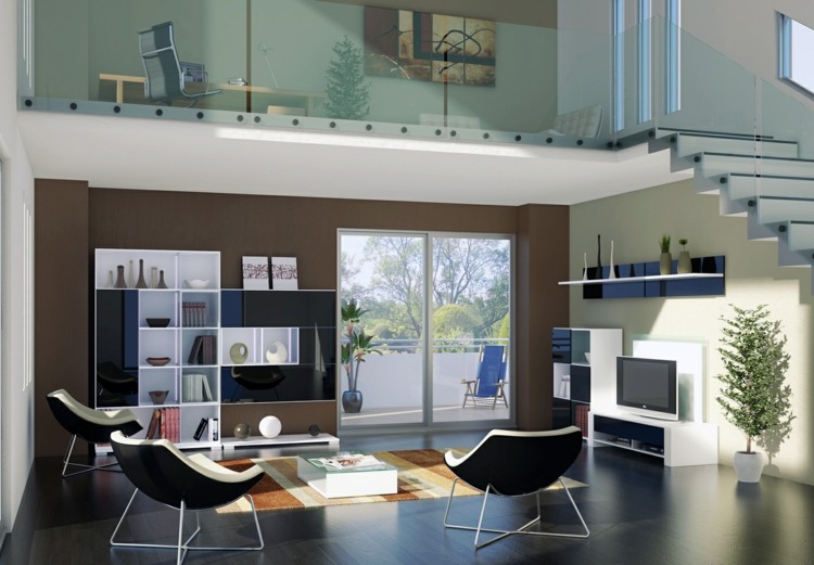 brun vägg design vardagsrum inbyggd vägg moderna trappor glasräcke