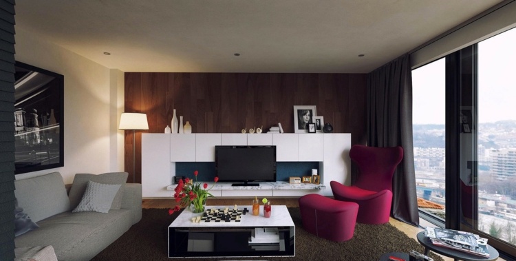 brun vägg design vardagsrum röd accent fåtölj pall gardiner vit levande vägg