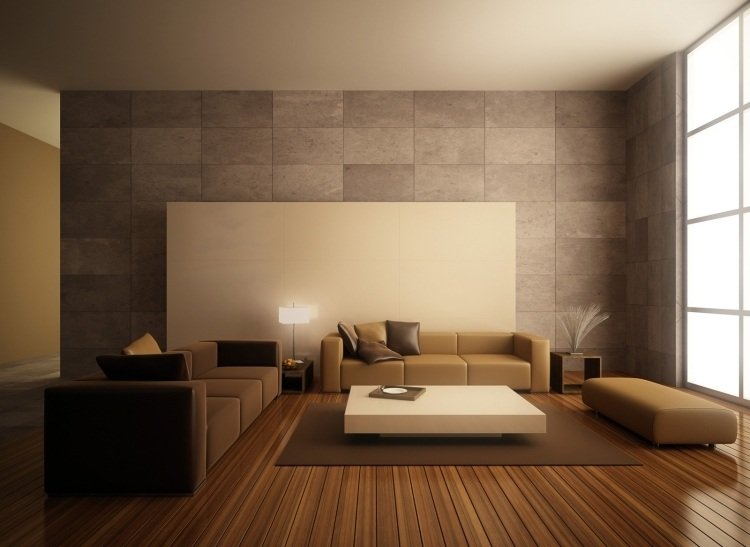 brun-vägg-design-vardagsrum-idéer-trä-golv-soffor-beige-minimalistisk