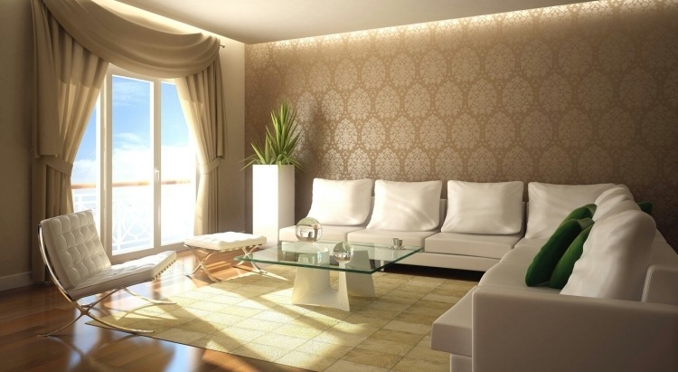 brun-vägg-design-vardagsrum-idéer-visualisering-tapeter-mönster-ornament-altandörrar-ljus