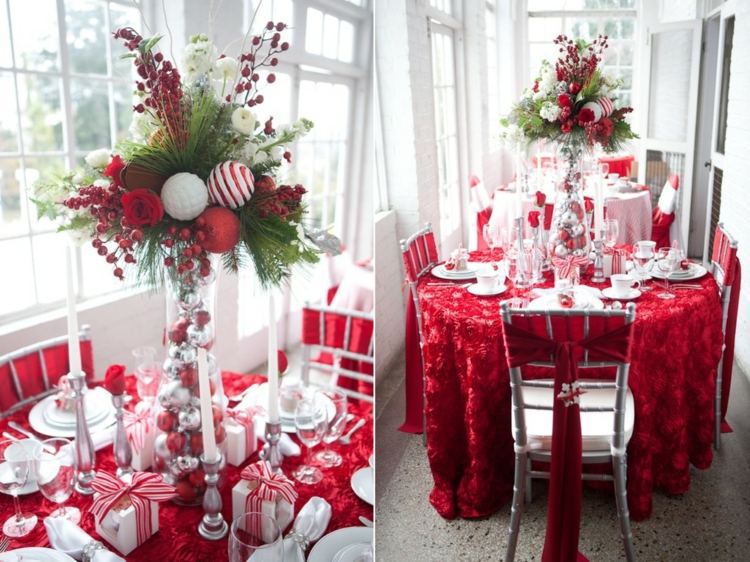 dekorera julmässigt stort glasvasarrangemang frodigt rött vitt bordsdekor