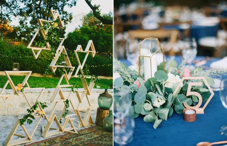 Bröllop geometriska dekorera hylla med blommor bord nummer