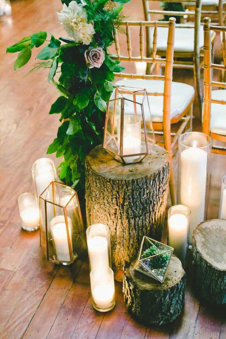 Bröllop geometriska dekorera trädstam lyktor med ljus