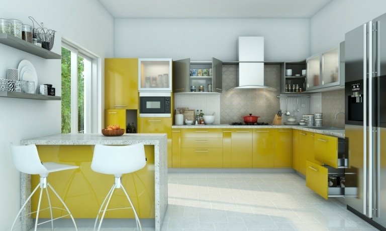 L-format kök med gula fronter och modern design