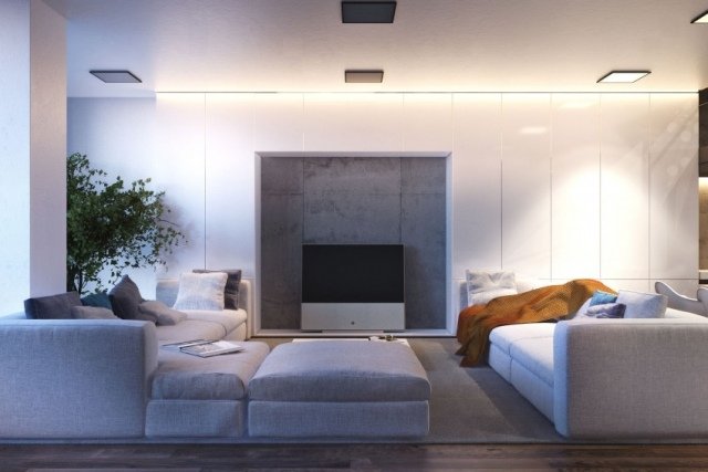 modernt lägenhet vardagsrum grå stoppade möbler tv exponerad betong bakvägg