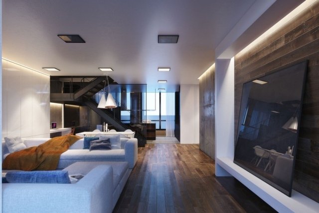 modern lägenhet interiör möbler trägolv led belysning