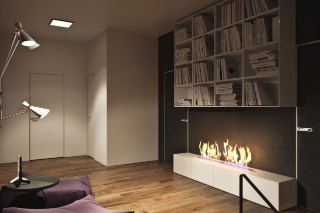 modern lägenhet läshörna bokhylla öppen etanol spis hall golv