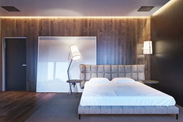 modernt sovrum design trä vägg golv led belysning tak
