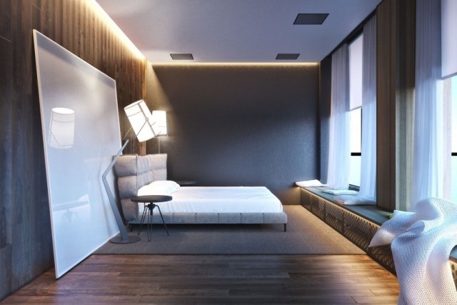 modernt sovrum hängande tak led lampor plankgolv