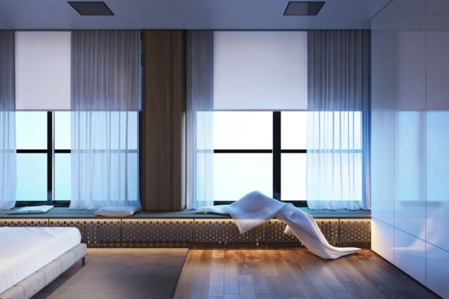 sovrum design bänk fönster planka golv led ljus effekter