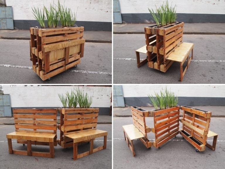 trädgårdsbänk gjord av pall dubbelsits blomlåda i mitt trä design