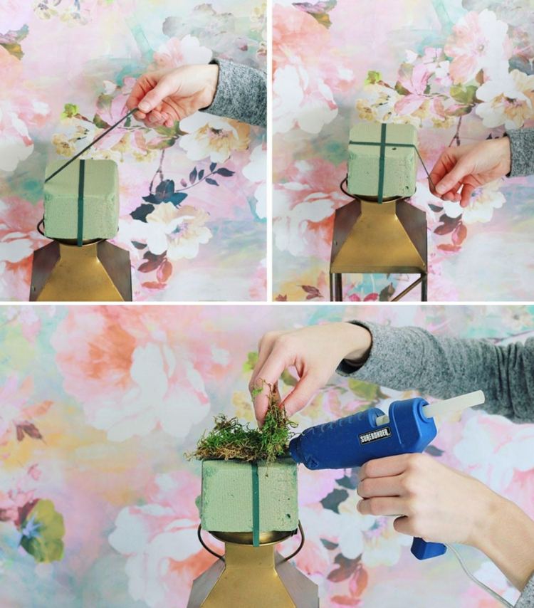 Instruktioner för påskdekoration med lykta gjord av blommigt skum och blommor