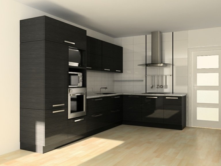 kök svart hörn design trä små vita väggar ljus trä parkett