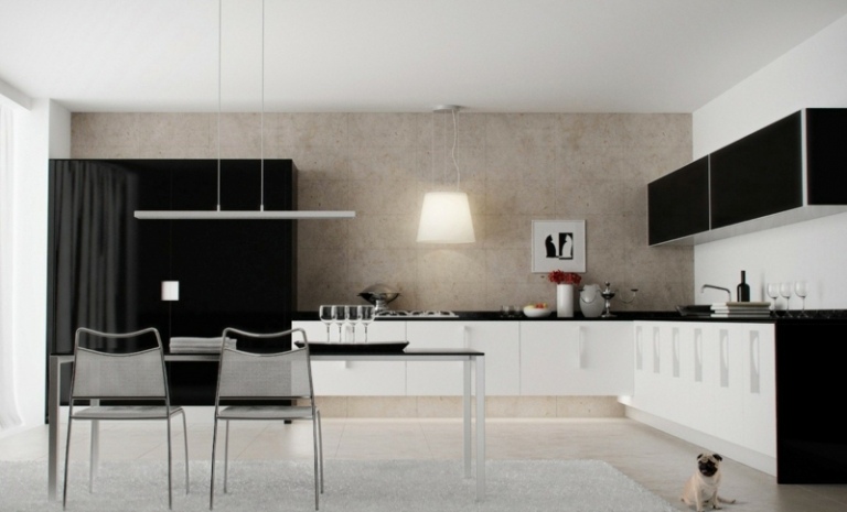 kök svart minimalistisk stil vita skåp matbord