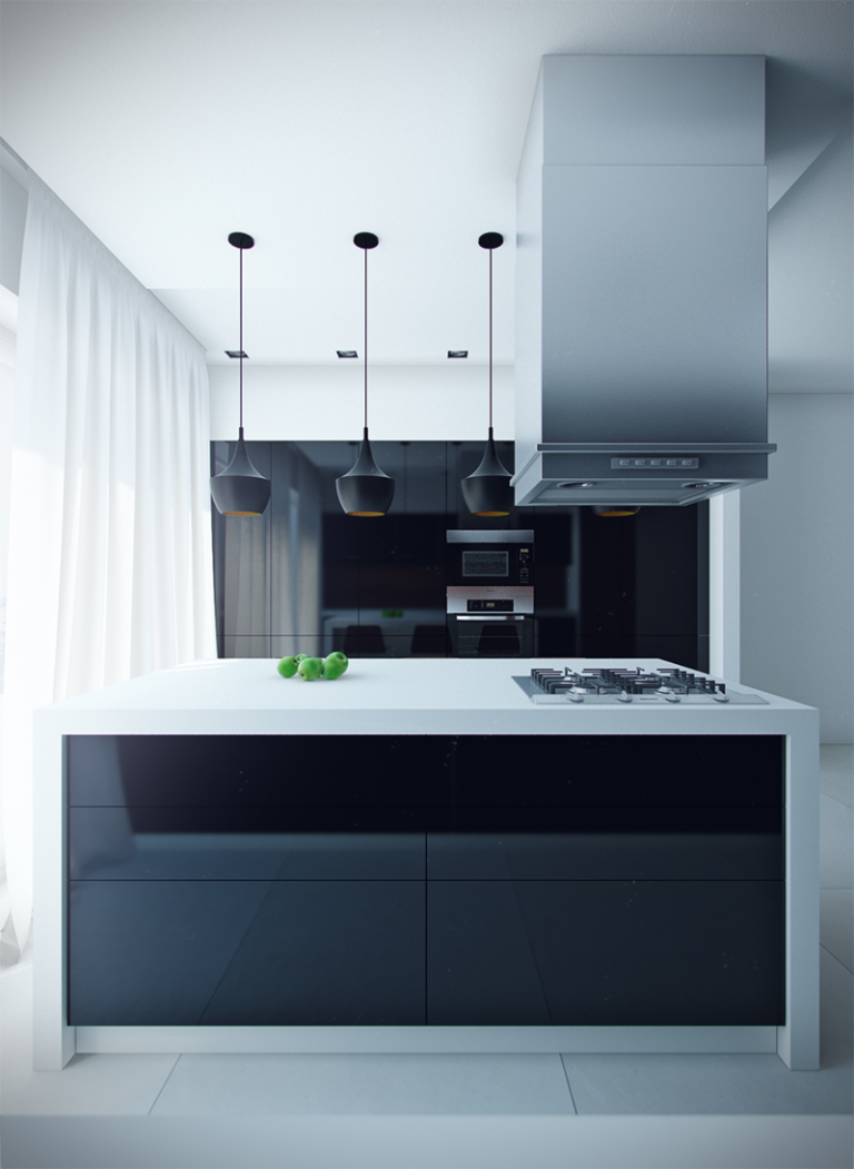 kök svart bänkskiva vit ö högglansig design