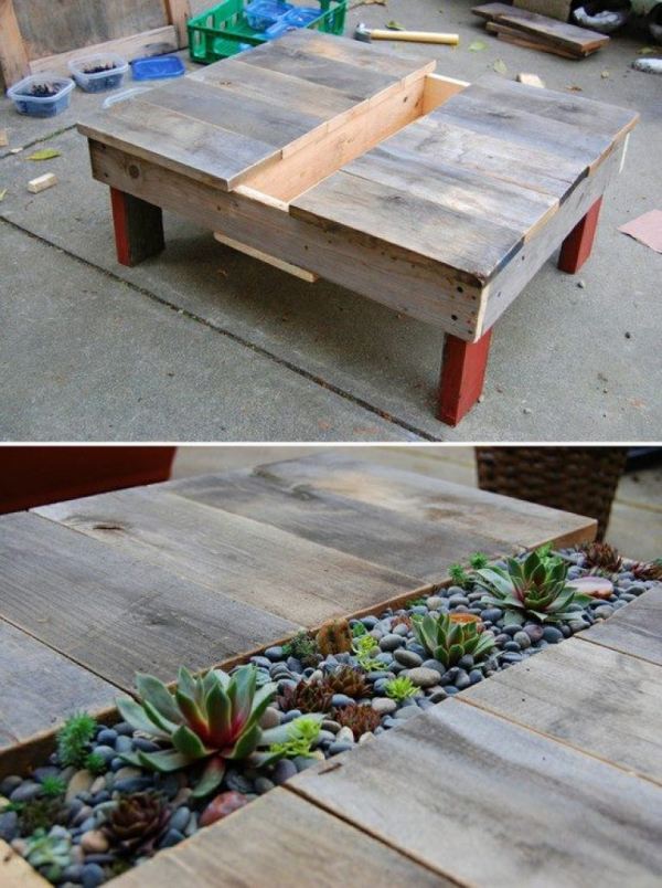 Miniatyr trädgård gammalt soffbord trä skapa saftig grus terrass