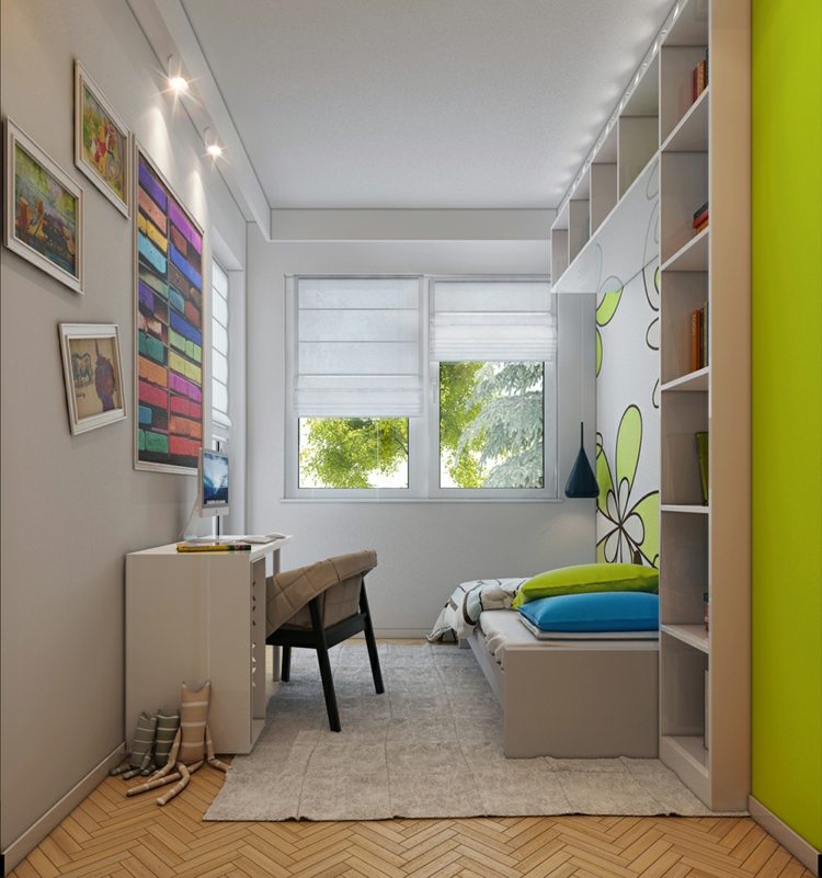 ungdomsrum-design-litet-utrymme-gröna-blommor-vägg-skrivbordshylla