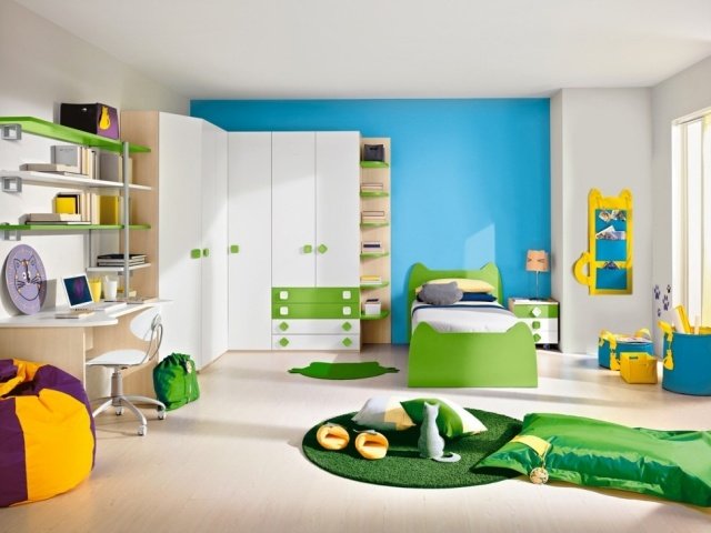 Inredning-barnrum-pojkar-idéer-grön-blå-vägg-dekoration-motiv