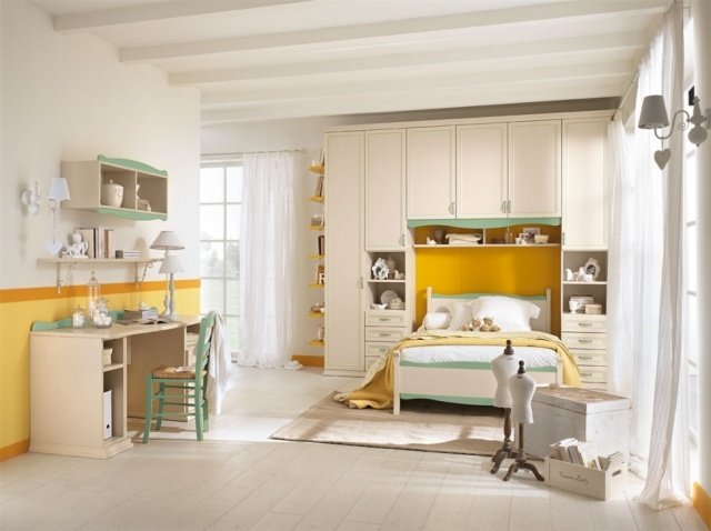 Möbler-för-ungdoms-rum-färg-design-neutral-grundläggande-färg-gul-grön-ränder