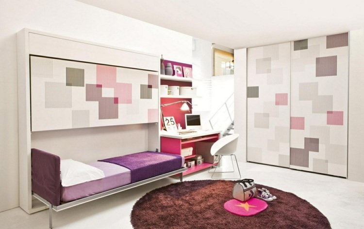 Design ungdomsrum tjej-romantisk-modern-garderob-hopfällbar-säng-rosa-lila