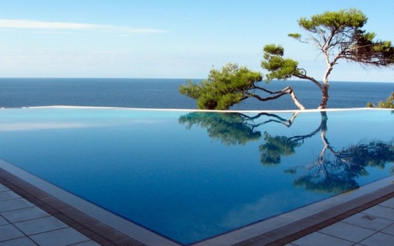 trädgård med pool oändlig utsikt havsträd modern design