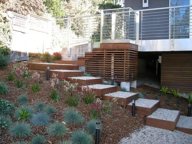 Utomhus trappor gjorda av trägrus enkla trädgårdstrappor trädgårdssteg sten trädgård modern trädgårdsdesign
