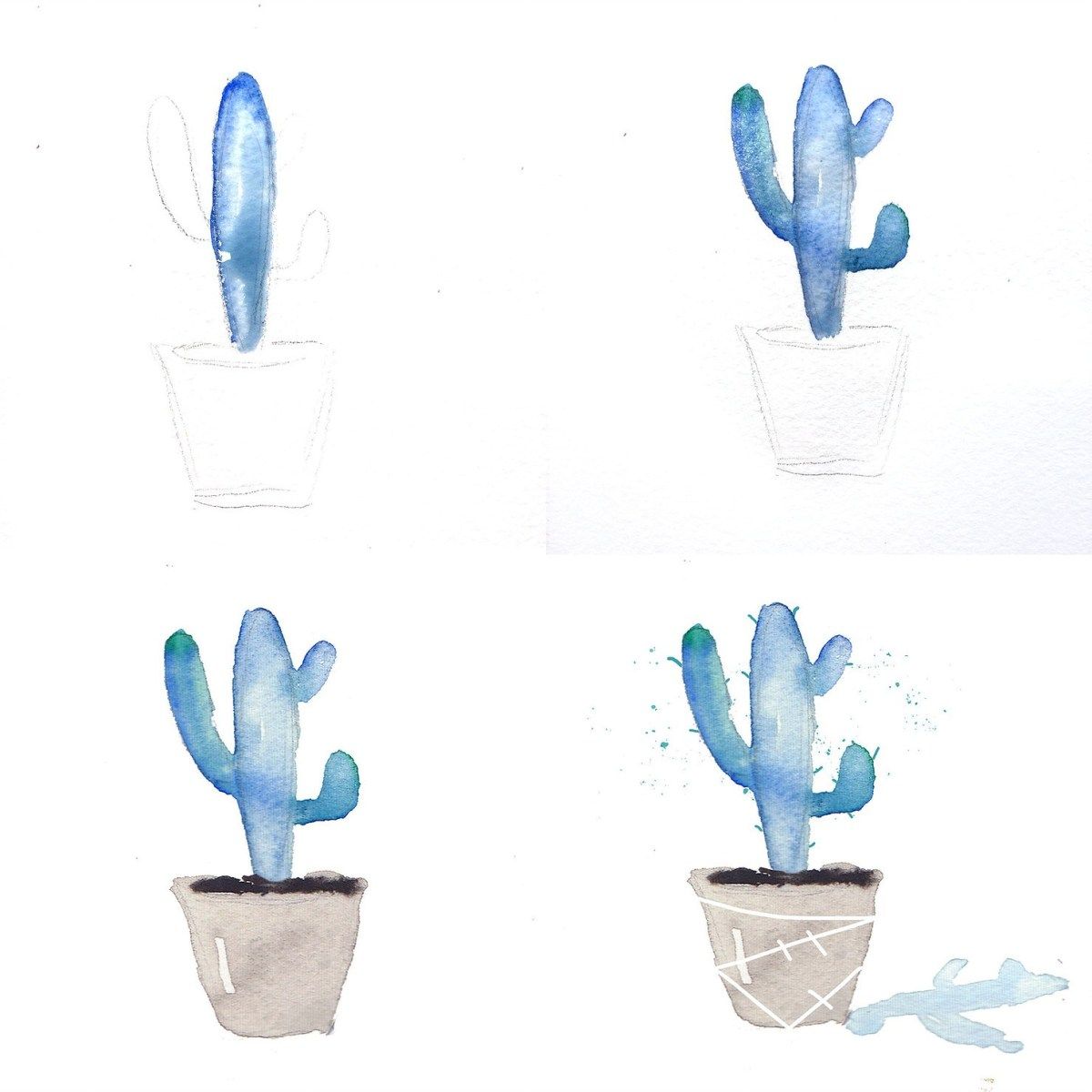 Idén till en blå kaktus gjord av vattenfärger i enkla steg
