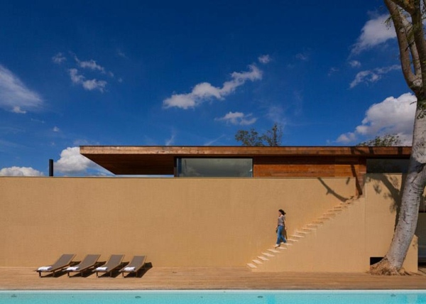 Hus pool design idé trä fåtölj