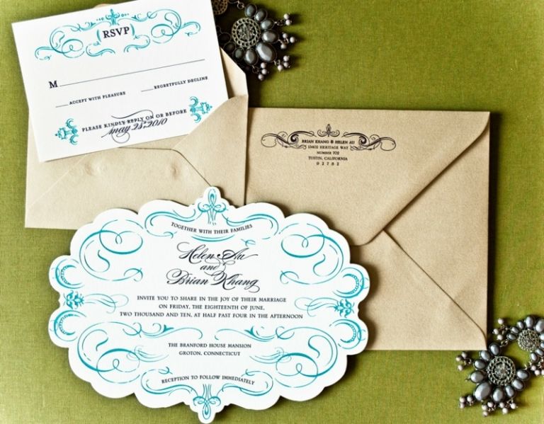 inbjudningskort för bröllop original form ljusblå mönster broscher