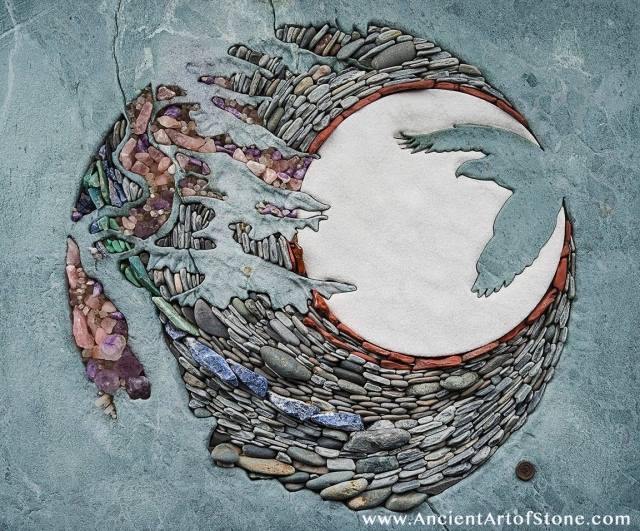 Mosaik-konst-design-med-sten-vägg-dekorationer-fågel-motiv-fullmåne