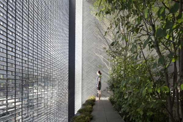 Fasad design glas tegel vägg innergård skapa träd