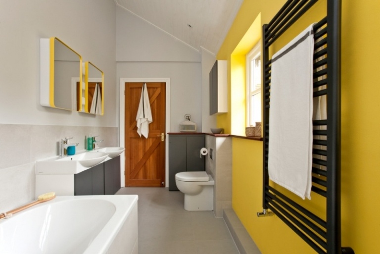 Inredning-grå-gul-vägg design-idéer-badkar