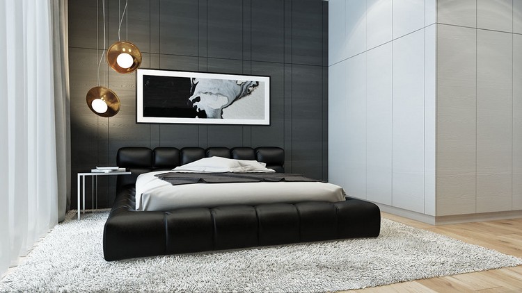 inredning-naturtoner-levande-idéer-sovrum-svart-vägg-stoppad säng-vit-inbyggd garderob