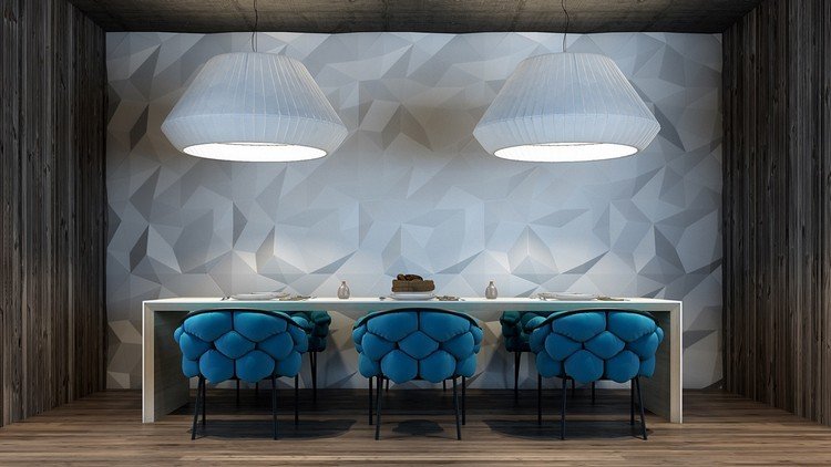 inredning-natur-toner-modern-matplats-3d-väggpaneler-överdimensionerade-taklampor