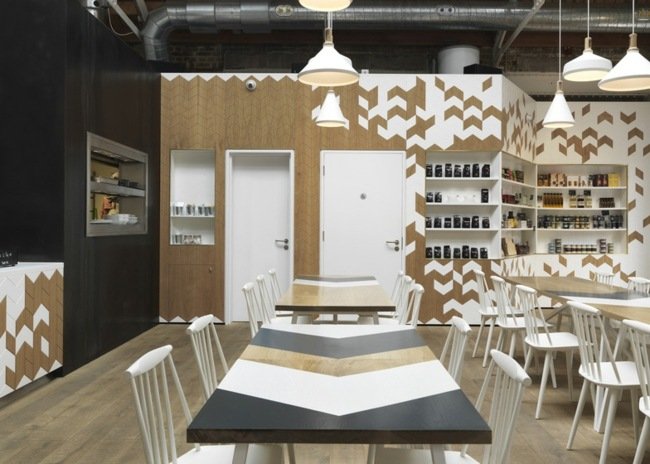 modern cafeteria mångfärgade trämöbler cool inredning