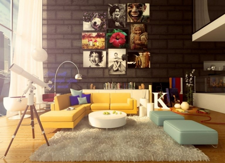 möbler för vardagsrummet gul soffpall mintgrön färgstark accenter matta