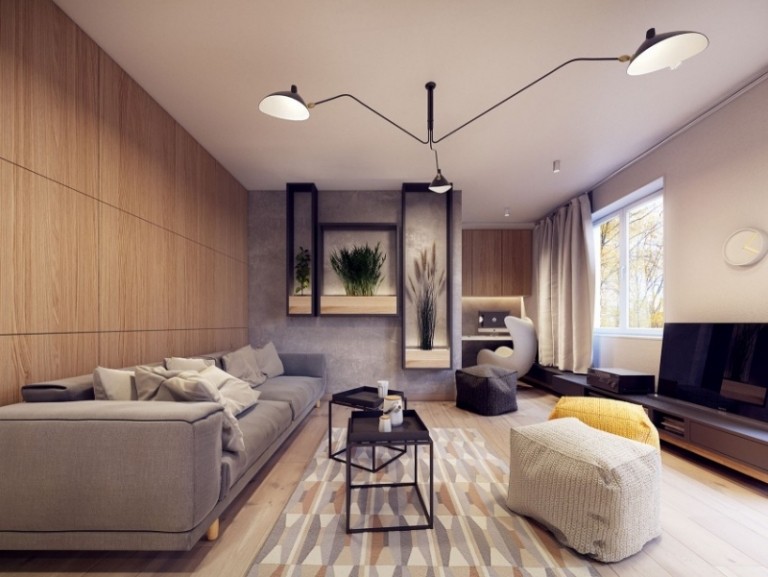 Vardagsrumsmöbler - väggbeklädnad - trä - soffa - grå - matta - mönstrad - lampa - vägg - hyllor - växter