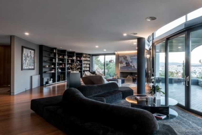 Vardagsrumsmöbler -terrass-dörrar-soffa-svart-ekologisk-sammet-klädsel-soffbord-högglans