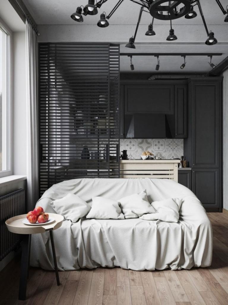 möblering-vardagsrum-moedrn-design-soffa-tak-svart-kök-litet-ljusgrått