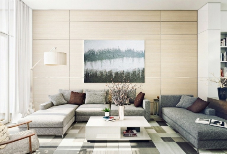 inredning för vardagsrummet modern ljusgrå mörkgrå soffa canape