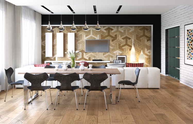 inredning i matsalen stort matbord stol design modern vägg effekt